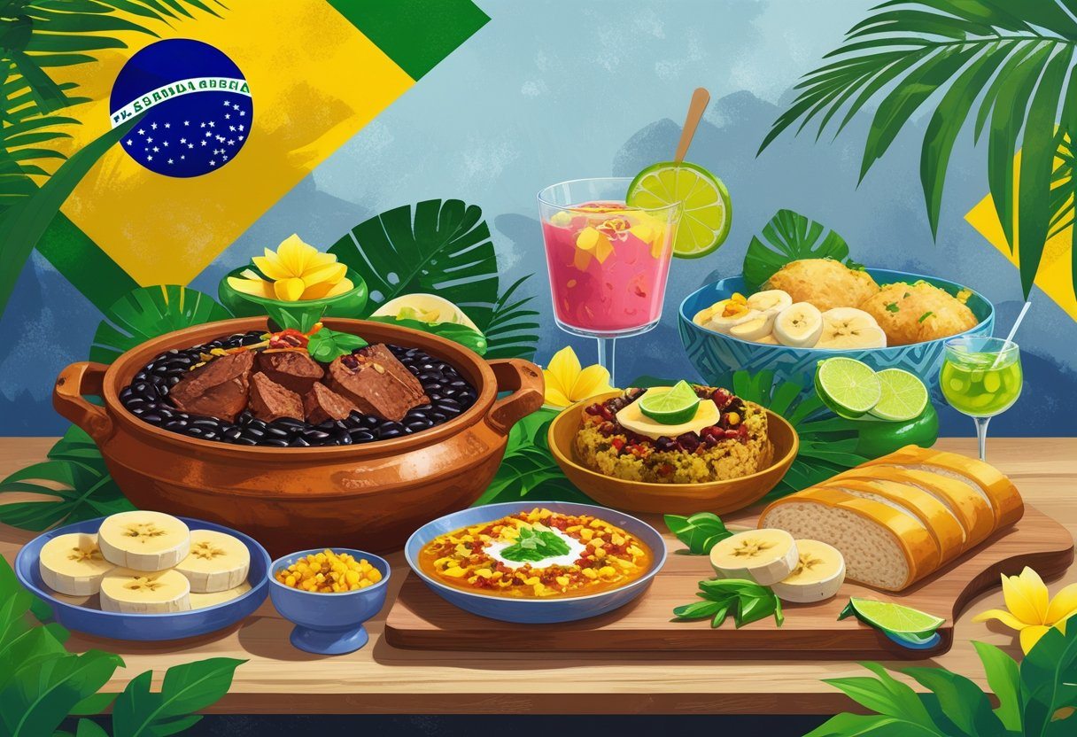 Mesa com pratos tradicionais do Rio de Janeiro, incluindo feijoada, pastel, açaí, pão de queijo e uma caipirinha, com elementos tropicais ao fundo.