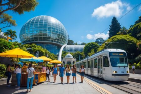Pessoas visitando pontos turísticos famosos de Curitiba, incluindo o Museu Oscar Niemeyer e o Jardim Botânico, em um dia ensolarado.