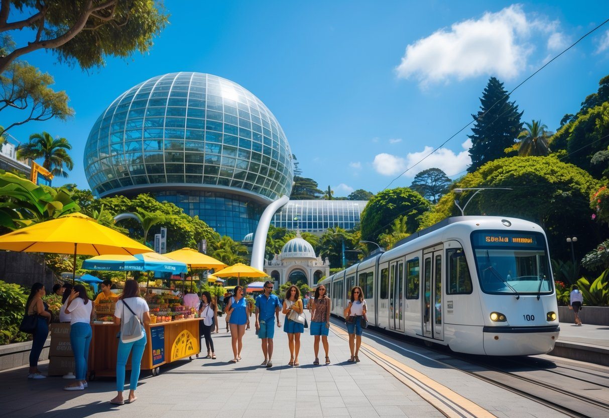 Pessoas visitando pontos turísticos famosos de Curitiba, incluindo o Museu Oscar Niemeyer e o Jardim Botânico, em um dia ensolarado.