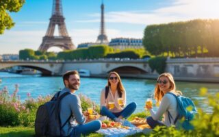 Turistas aproveitando um piquenique próximo ao rio Sena com a Torre Eiffel ao fundo em um dia ensolarado.