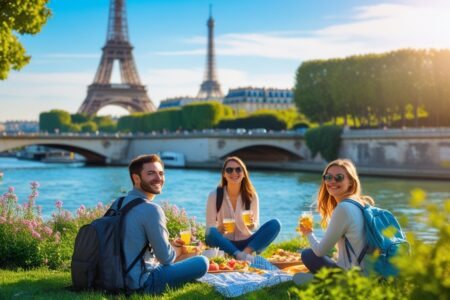 Turistas aproveitando um piquenique próximo ao rio Sena com a Torre Eiffel ao fundo em um dia ensolarado.