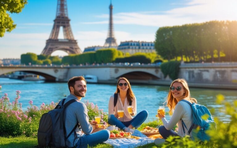 Turistas aproveitando um piquenique próximo ao rio Sena com a Torre Eiffel ao fundo em um dia ensolarado.