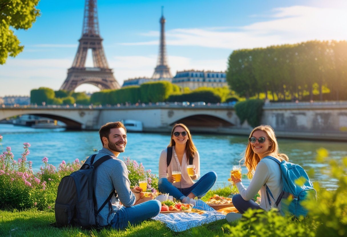 Turistas aproveitando um piquenique próximo ao rio Sena com a Torre Eiffel ao fundo em um dia ensolarado.