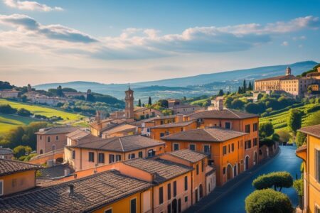 Vista panorâmica de cidades históricas próximas a Roma, com telhados de terracota, ruas de paralelepípedos e colinas verdes ao fundo.