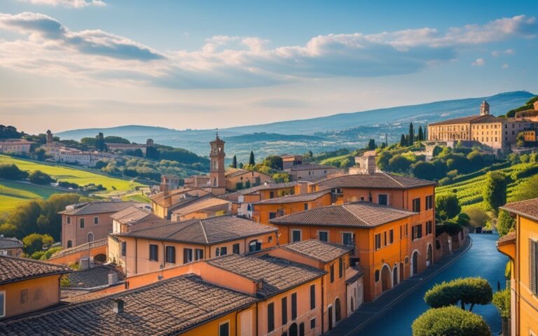 Vista panorâmica de cidades históricas próximas a Roma, com telhados de terracota, ruas de paralelepípedos e colinas verdes ao fundo.