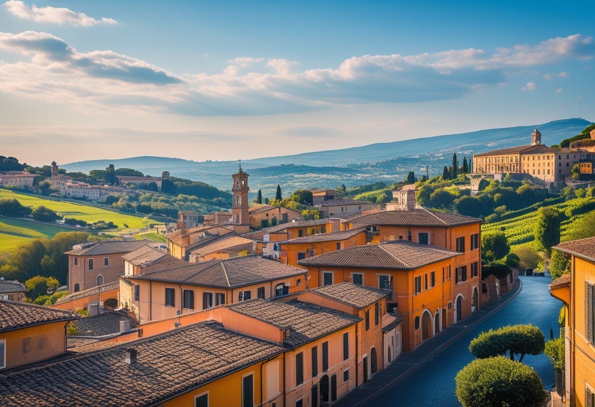 Vista panorâmica de cidades históricas próximas a Roma, com telhados de terracota, ruas de paralelepípedos e colinas verdes ao fundo.
