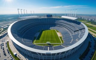 Vista aérea do maior estádio do mundo cheio de espectadores durante um dia ensolarado.