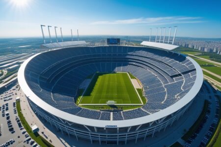 Vista aérea do maior estádio do mundo cheio de espectadores durante um dia ensolarado.