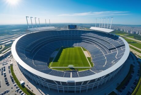 Vista aérea do maior estádio do mundo cheio de espectadores durante um dia ensolarado.