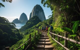 Trilha da Urca com vegetação verde, caminho de pedras e o Pão de Açúcar ao fundo sob céu azul.