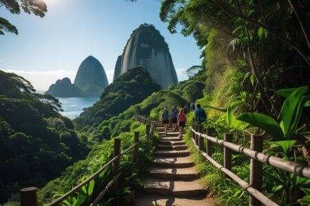 Trilha da Urca com vegetação verde, caminho de pedras e o Pão de Açúcar ao fundo sob céu azul.