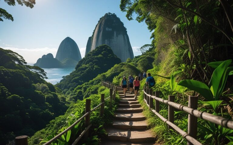 Trilha da Urca com vegetação verde, caminho de pedras e o Pão de Açúcar ao fundo sob céu azul.