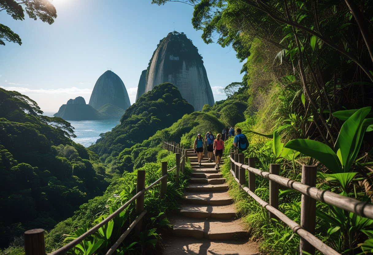 Trilha da Urca com vegetação verde, caminho de pedras e o Pão de Açúcar ao fundo sob céu azul.