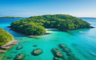 Ilha do Cedro com árvores de cedro densas, águas cristalinas e céu azul claro.