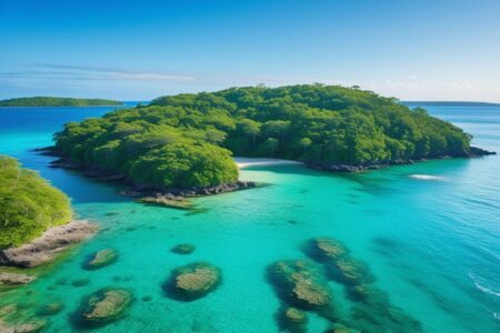 Ilha do Cedro com árvores de cedro densas, águas cristalinas e céu azul claro.