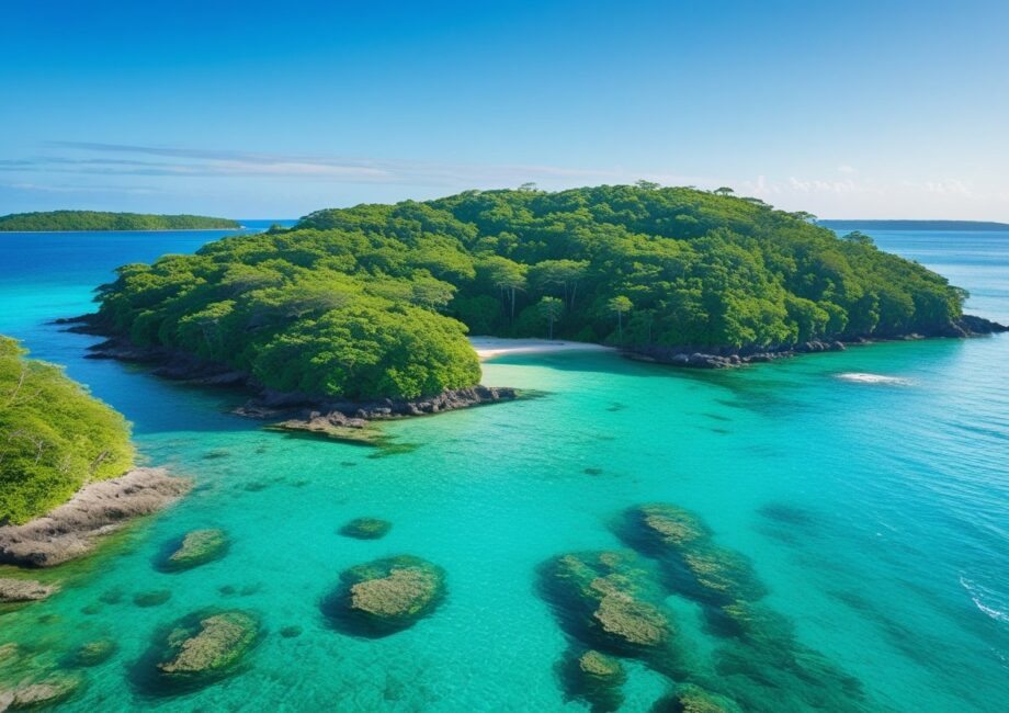 Ilha do Cedro com árvores de cedro densas, águas cristalinas e céu azul claro.
