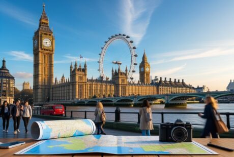 Vista de pontos turísticos famosos de Londres como o Big Ben, a London Eye e a Tower Bridge com pessoas caminhando e ônibus vermelhos passando pela rua.