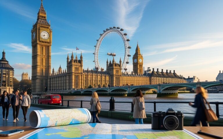Vista de pontos turísticos famosos de Londres como o Big Ben, a London Eye e a Tower Bridge com pessoas caminhando e ônibus vermelhos passando pela rua.