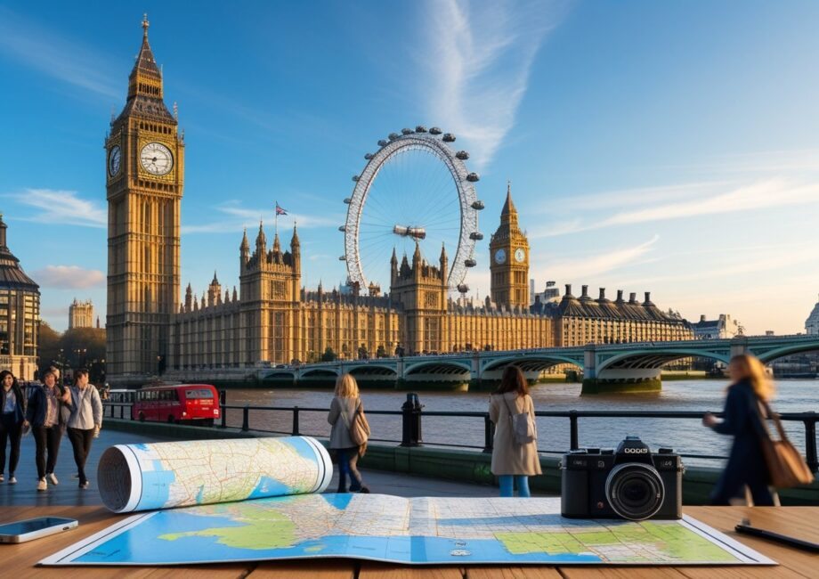 Vista de pontos turísticos famosos de Londres como o Big Ben, a London Eye e a Tower Bridge com pessoas caminhando e ônibus vermelhos passando pela rua.