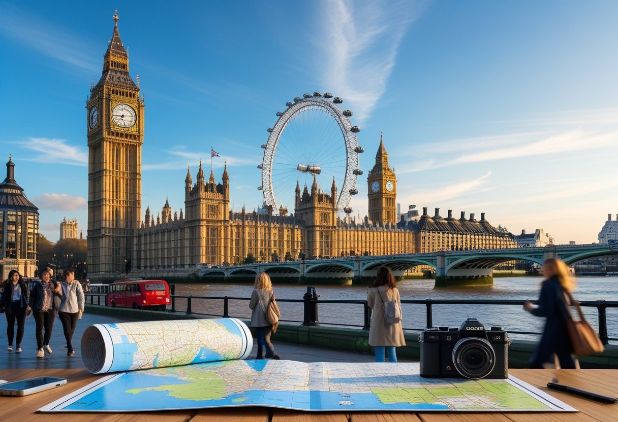 Vista de pontos turísticos famosos de Londres como o Big Ben, a London Eye e a Tower Bridge com pessoas caminhando e ônibus vermelhos passando pela rua.