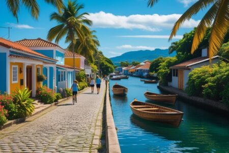 Rua de pedra com casas coloridas e vegetação tropical em Paquetá, pessoas caminhando e bicicletas, barcos de madeira na água calma sob céu azul.