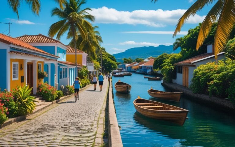 Rua de pedra com casas coloridas e vegetação tropical em Paquetá, pessoas caminhando e bicicletas, barcos de madeira na água calma sob céu azul.