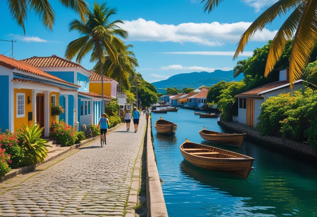 Rua de pedra com casas coloridas e vegetação tropical em Paquetá, pessoas caminhando e bicicletas, barcos de madeira na água calma sob céu azul.