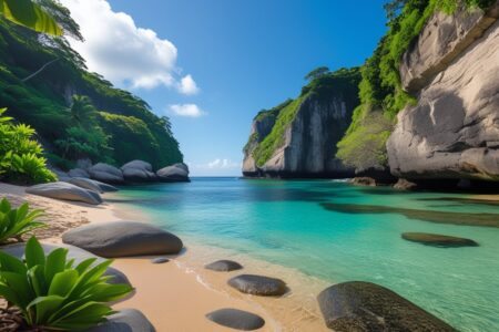 Praia do Secreto no Rio de Janeiro, com pedras, areia dourada, água cristalina e vegetação ao redor.