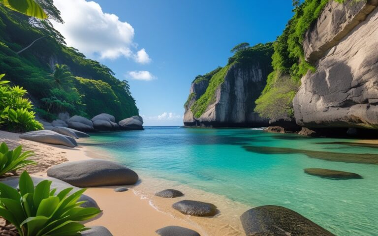 Praia do Secreto no Rio de Janeiro, com pedras, areia dourada, água cristalina e vegetação ao redor.