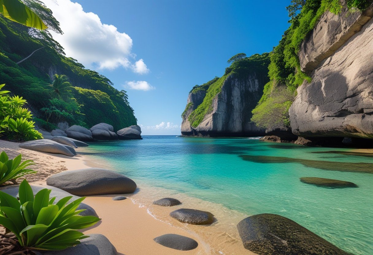 Praia do Secreto no Rio de Janeiro, com pedras, areia dourada, água cristalina e vegetação ao redor.