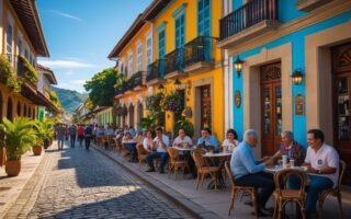 Rua de Conservatória com prédios coloniais coloridos, músicos tocando instrumentos tradicionais e pessoas apreciando o ambiente ao ar livre.