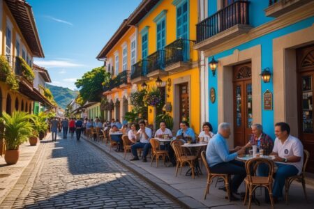 Rua de Conservatória com prédios coloniais coloridos, músicos tocando instrumentos tradicionais e pessoas apreciando o ambiente ao ar livre.