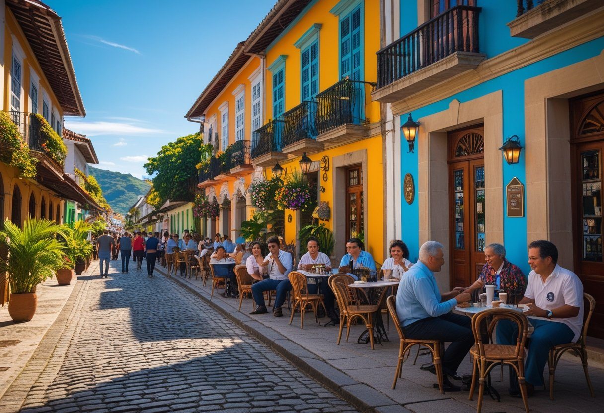 Rua de Conservatória com prédios coloniais coloridos, músicos tocando instrumentos tradicionais e pessoas apreciando o ambiente ao ar livre.
