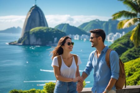 Casal feliz apreciando uma vista panorâmica do Rio de Janeiro com o Pão de Açúcar ao fundo em um dia ensolarado.