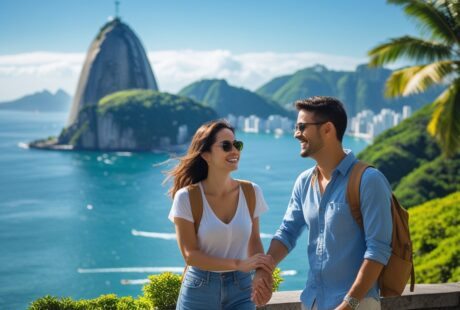 Casal feliz apreciando uma vista panorâmica do Rio de Janeiro com o Pão de Açúcar ao fundo em um dia ensolarado.