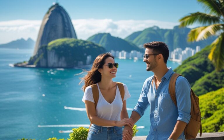 Casal feliz apreciando uma vista panorâmica do Rio de Janeiro com o Pão de Açúcar ao fundo em um dia ensolarado.