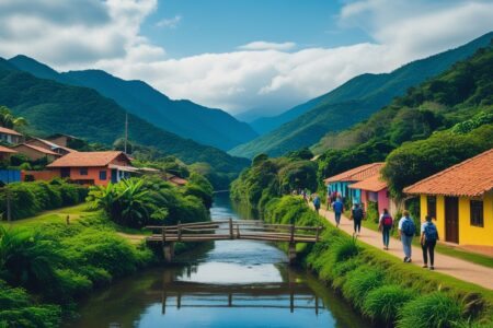 Paisagem natural de Aiuruoca com montanhas verdes, rio tranquilo, ponte de madeira e casas tradicionais cercadas por vegetação, com pessoas caminhando em trilha.