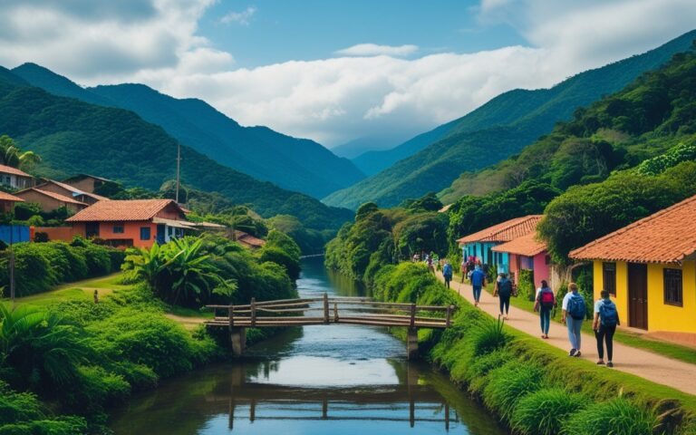 Paisagem natural de Aiuruoca com montanhas verdes, rio tranquilo, ponte de madeira e casas tradicionais cercadas por vegetação, com pessoas caminhando em trilha.