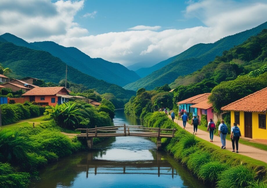 Paisagem natural de Aiuruoca com montanhas verdes, rio tranquilo, ponte de madeira e casas tradicionais cercadas por vegetação, com pessoas caminhando em trilha.