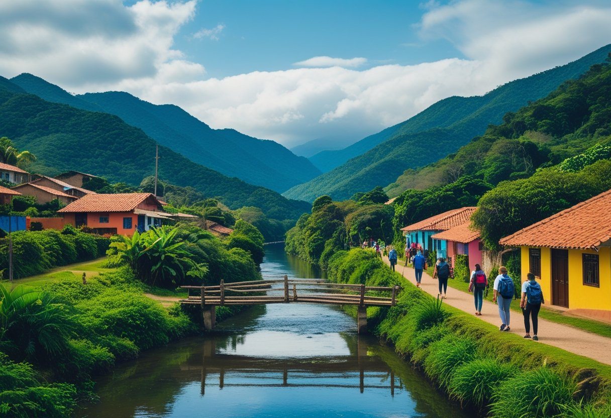Paisagem natural de Aiuruoca com montanhas verdes, rio tranquilo, ponte de madeira e casas tradicionais cercadas por vegetação, com pessoas caminhando em trilha.