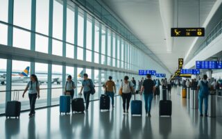 Interior movimentado de um aeroporto em Buenos Aires com passageiros caminhando e aviões estacionados nas janelas.