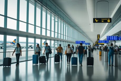 Interior movimentado de um aeroporto em Buenos Aires com passageiros caminhando e aviões estacionados nas janelas.