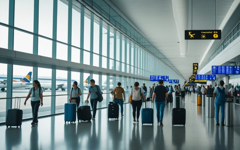 Interior movimentado de um aeroporto em Buenos Aires com passageiros caminhando e aviões estacionados nas janelas.