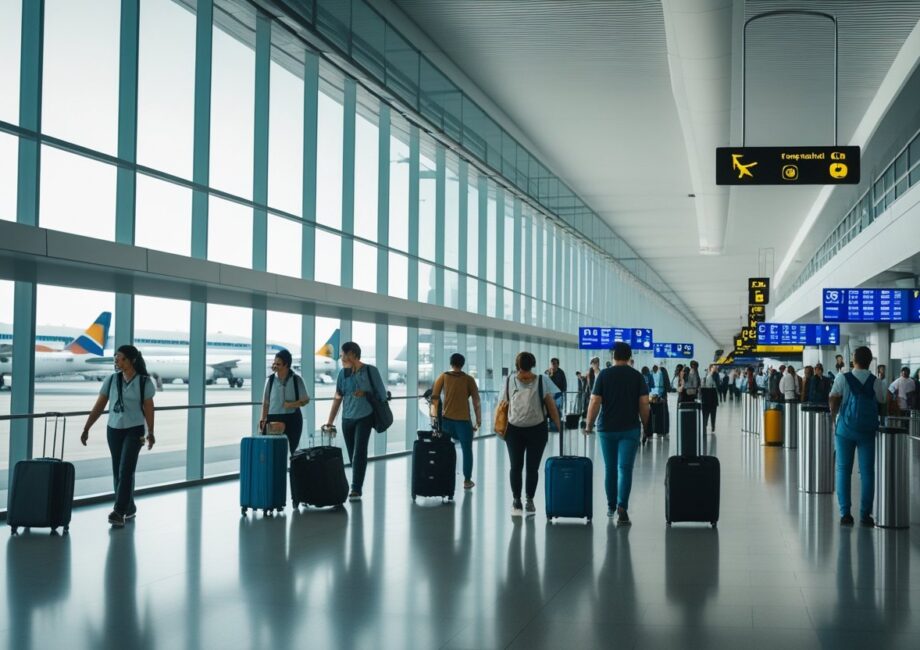 Interior movimentado de um aeroporto em Buenos Aires com passageiros caminhando e aviões estacionados nas janelas.