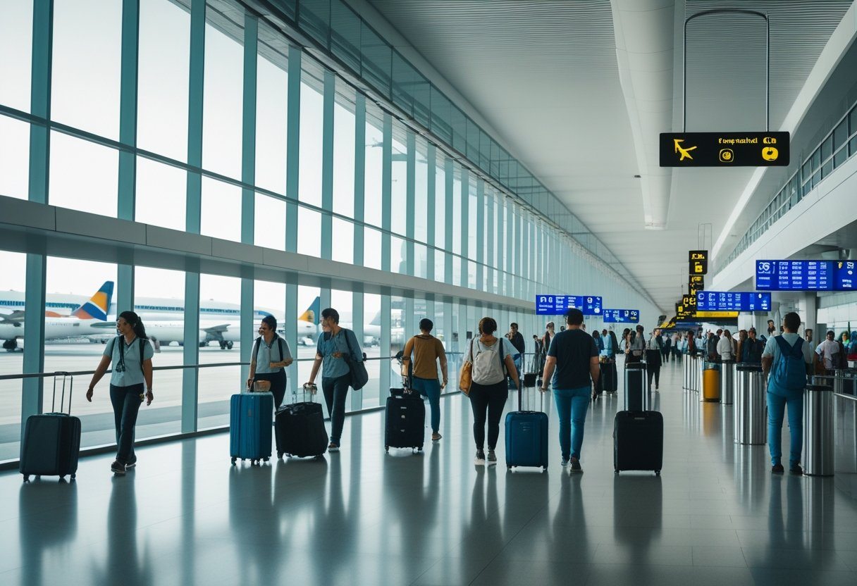Interior movimentado de um aeroporto em Buenos Aires com passageiros caminhando e aviões estacionados nas janelas.