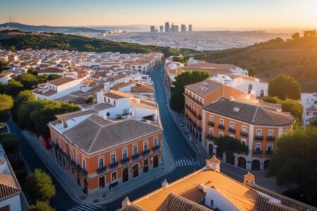 Vista aérea de cidades próximas a Madrid com telhados de terracota, ruas estreitas e áreas verdes ao redor.