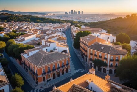 Vista aérea de cidades próximas a Madrid com telhados de terracota, ruas estreitas e áreas verdes ao redor.