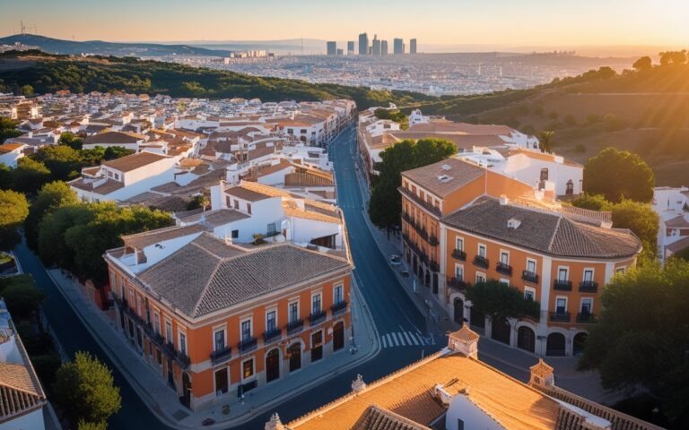 Vista aérea de cidades próximas a Madrid com telhados de terracota, ruas estreitas e áreas verdes ao redor.