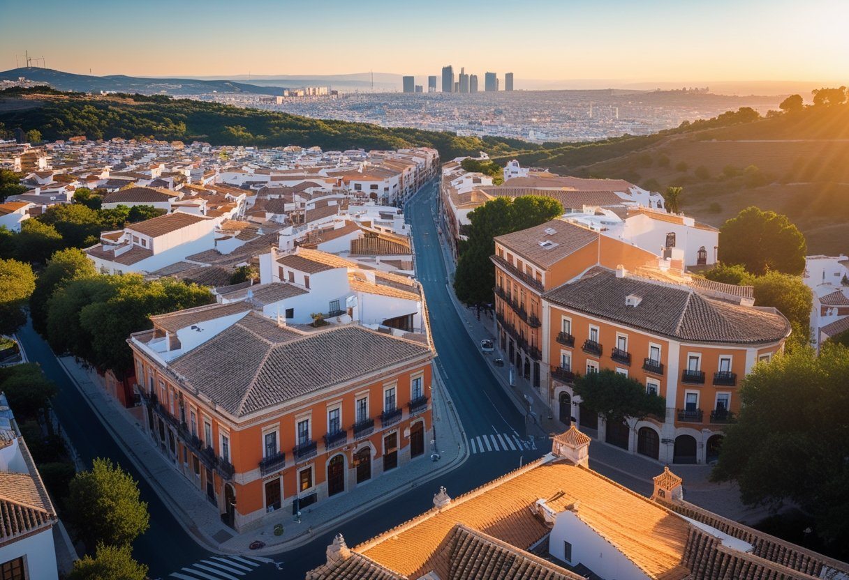 Vista aérea de cidades próximas a Madrid com telhados de terracota, ruas estreitas e áreas verdes ao redor.