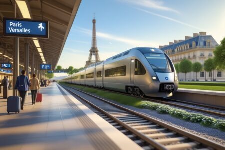 Cena mostrando um trem moderno saindo de uma estação em Paris, com a Torre Eiffel ao fundo e um mapa digital destacando a rota para Versalhes.